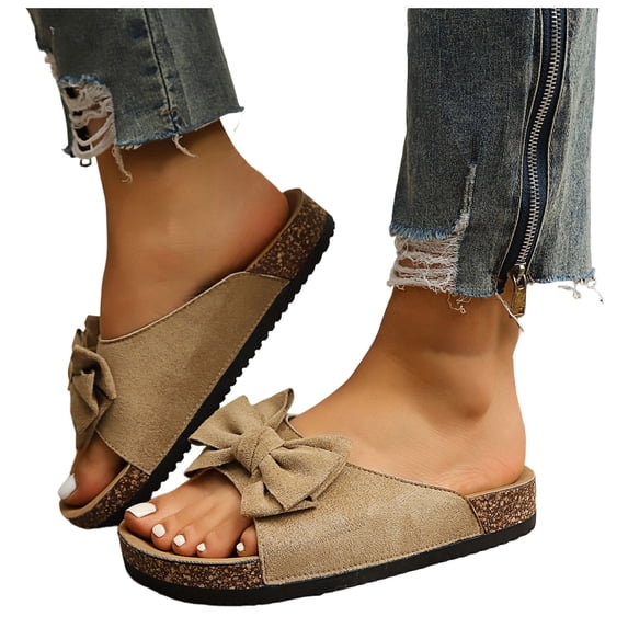 Rokment Womens Bowknot Cork Footbed Slip on Slides Sandals Beach Casual Suede Open Toe Platform Dress Slippers Comfortable Wide Width Walking Flat Summer Khaki Size 8