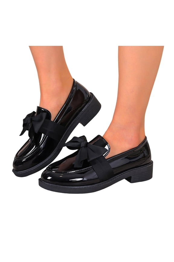 Womens Bowknot Oxfords Dress Shoes Spring Fall Vintage Casual Leather Platform Chunky Lug Mid Heels Slip on Boat Loafers Walking Footwear Black Size 6.5