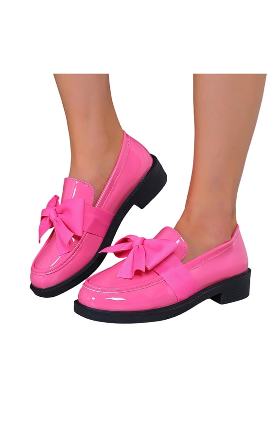 Womens Bowknot Oxfords Dress Shoes Spring Fall Vintage Casual Leather Platform Chunky Lug Mid Heels Slip on Boat Loafers Walking Footwear Pink Size 9