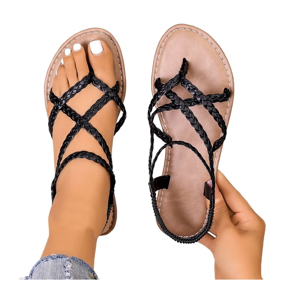Rokment Womens Braided Strappy Flat Sandals Boho Beach Leather Flip Flops Casual Comfortable Elastic Ankle Strap Gladiator Dress Summer Shoes for Walking Vacation Black Size 7.5