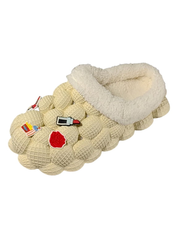 Womens Bubble Grid Cartoon Patch Fuzzy Lined Slide Slippers Cute Winter Warm Backless House Slides Non Slip Flat Cozy Bedroom Shoes Wide Feet