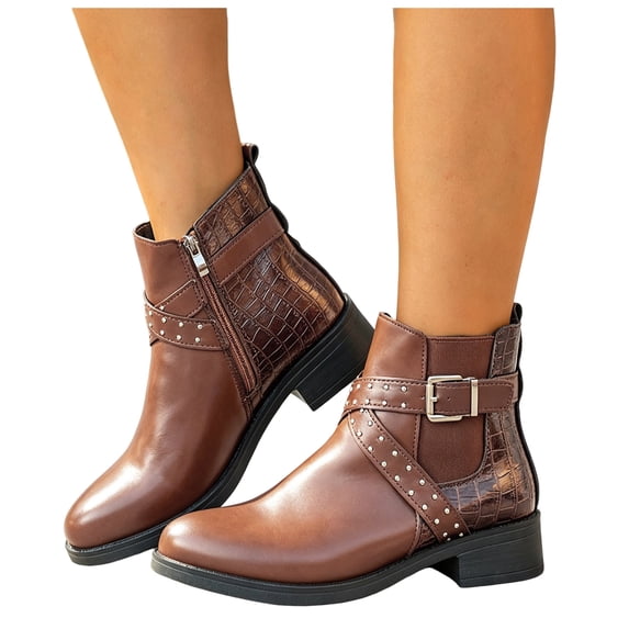Rokment Womens Buckle Studded Western Chelsea Ankle Boots Retro Leather Low Block Heel Pull‑On Cowgirl Short Booties for Fall Winter Party Business