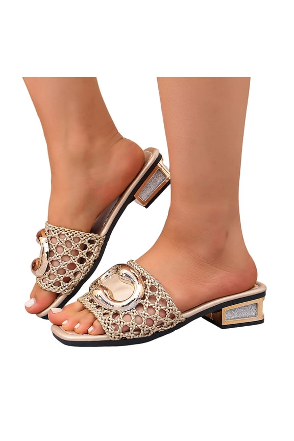 Womens Buckles Crochet Woven Dressy Slip on Sandals Ladies Fashion Casual Square Toe Chunky Block Low Heels Open Back Slides Metallic Glitter Summer Dress Mules Slippers Gold Size 8.5
