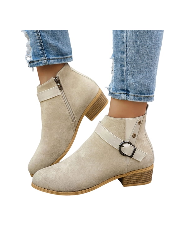 Womens Buckles Dress Boots Stylish Casual Suede Leather Patchwork Pointed Toe Chunky Stacked Low Heels Short Ankle Booties for Ladies