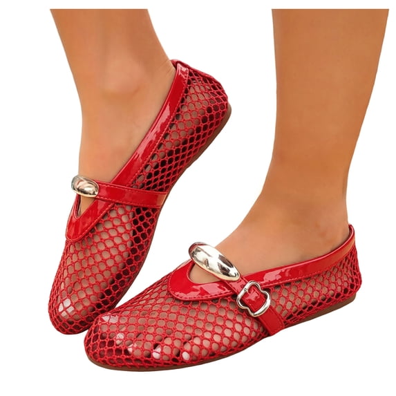 Rokment Womens Buckles Fishnet Ballet Flat Mary Jane Slip on Dressy Shoes Summer Fall Fashion Retro Mesh Closed Toe Comfortable Walking No Heel Mules Loafers Sandals Red Size 7