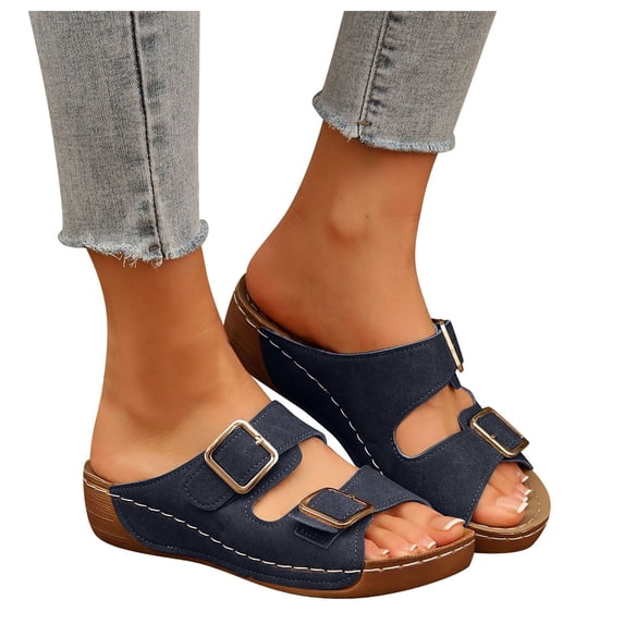 Rokment Womens Buckles Orthopedic Platform Slip on Sandals with Arch Support Comfortable Classic Casual Leather Wedges Walking Dress Slides for Beach Summer Blue Size 7.5