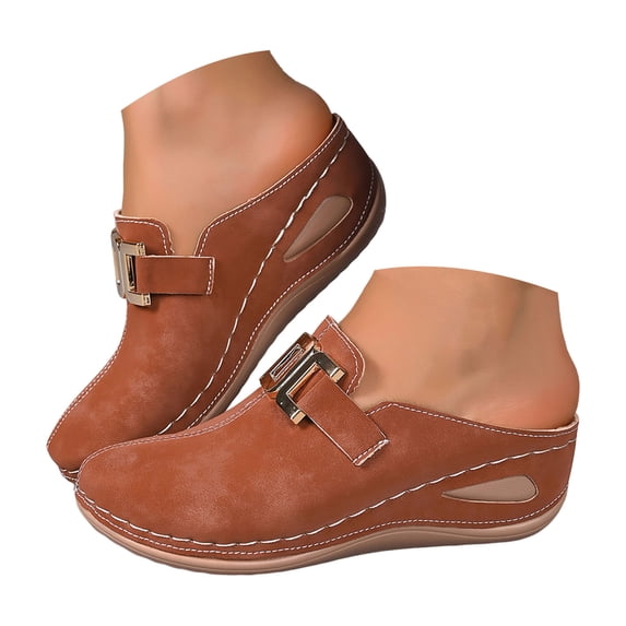 Rokment Womens Buckles Orthotic Clogs with Arch Support Trendy Casual Suede Closed Toe Platform Wedges Mid Heels Mules Backless Sandals for Ladies Summer Fall Brown Size 9