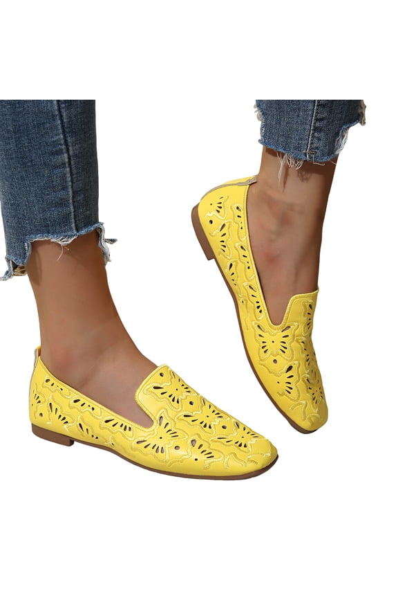 Womens Butterfly Ballet Flat Dress Shoes 2026 Spring Summer Fashion Hollow out Leather Square Toe Low Heel Casual Walking Slip on Loafers for Ladies Yellow Size 8
