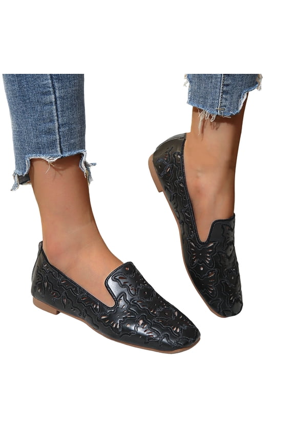 Womens Butterfly Ballet Flat Dress Shoes 2026 Spring Summer Fashion Hollow out Leather Square Toe Low Heel Casual Walking Slip on Loafers for Ladies Black Size 6