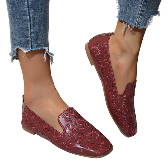 Rokment Womens Butterfly Ballet Flat Dress Shoes 2026 Spring Summer Fashion Hollow out Leather Square Toe Low Heel Casual Walking Slip on Loafers for Ladies Wine Size 7.5