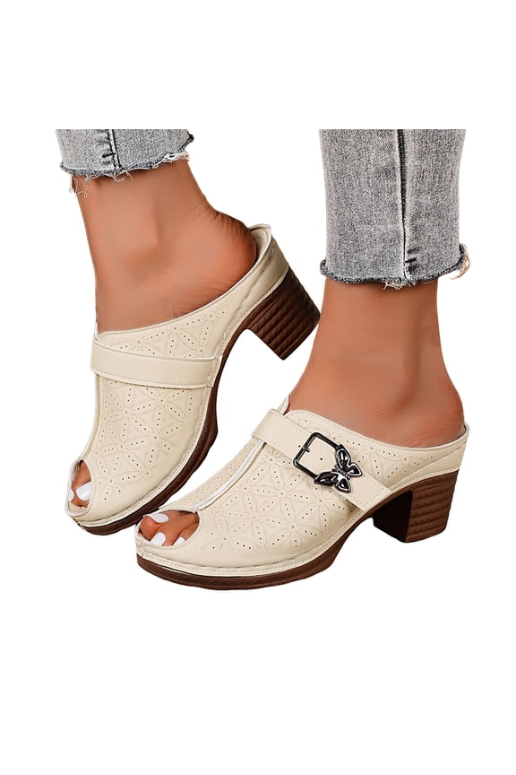 Womens Butterfly Buckles Peep Toe Clogs Mules Trendy Casual Leather Ortho Platform Chunky Block High Heels Backless Sandals for Dressy Beach Summer Beige Size 9.5