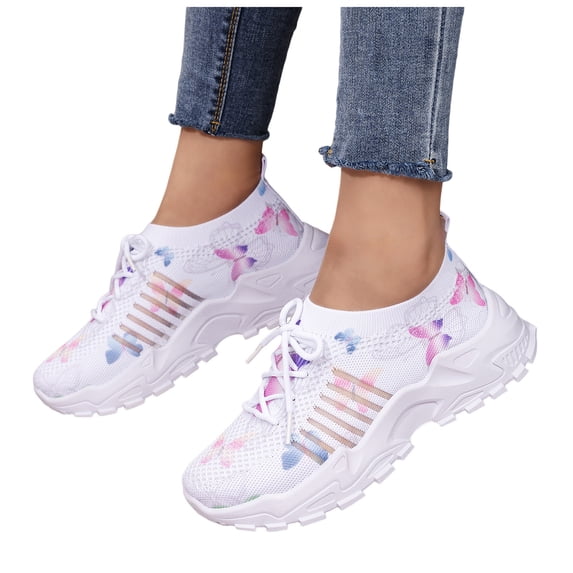 Rokment Womens Butterfly Orthopedic Running Walking Shoes Fashion Casual Comfortable Knit Height Increasing Platform Chunky Heels Slip on Nursing Work Sneakers Pink Size 8