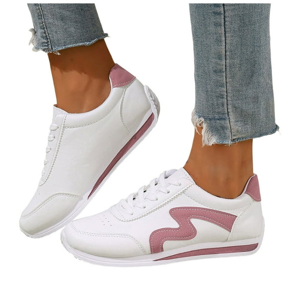 Rokment Womens Casual Leather Low Top Fashion Sneakers White Comfortable Trendy Walking Running Flat Tennis Shoes with Memory Foam Pink Size 9