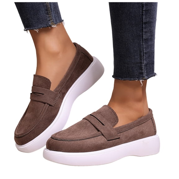 Rokment Womens Classic Penny Loafers Walking Shoes 2026 Spring Fall Casual Suede Solid Color Platform Chunky Oxfords Driving Business Work Dress Shoes Brown Size 9.5