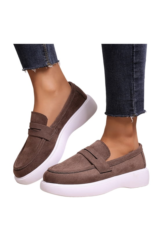 Womens Classic Penny Loafers Walking Shoes 2026 Spring Fall Casual Suede Solid Color Platform Chunky Oxfords Driving Business Work Dress Shoes Brown Size 8.5