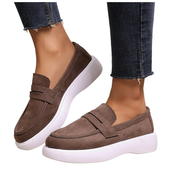 Rokment Womens Classic Penny Loafers Walking Shoes 2026 Spring Fall Casual Suede Solid Color Platform Chunky Oxfords Driving Business Work Dress Shoes Brown Size 6.5