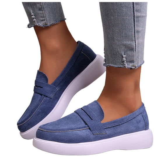 Rokment Womens Classic Penny Loafers Walking Shoes 2026 Spring Fall Casual Suede Solid Color Platform Chunky Oxfords Driving Business Work Dress Shoes Blue Size 8.5