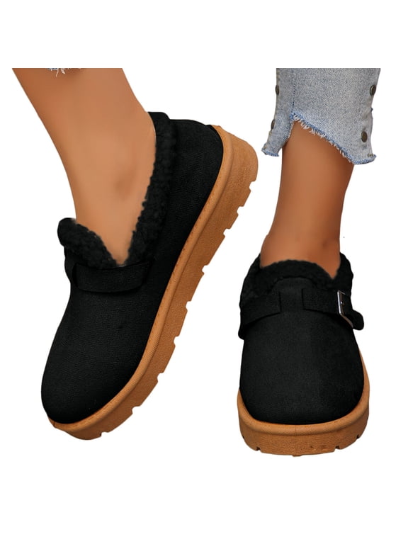 Womens Clogs Snow Boots Fashion Buckles Winter Warm Fleece Lined Comfy Platform Slip on Ankle Booties for Walking Nursing Black Size 6.5