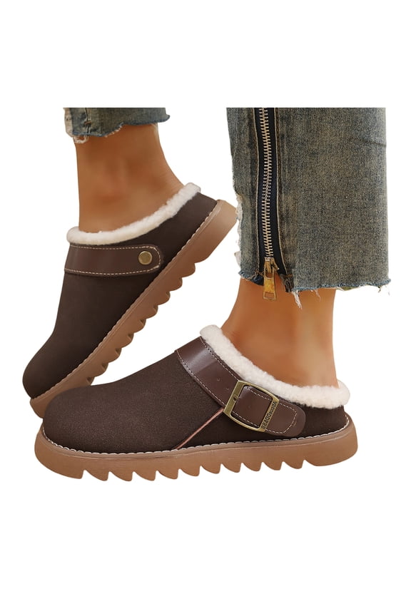 Womens Clogs Winter Boots Cold Weather Warm Fleece Lined Backless Wide Width Fuzzy Plush Mules Slippers Snow Ankle Booties Potato Flat for Indoor And Outdoor Coffee Size 6.5