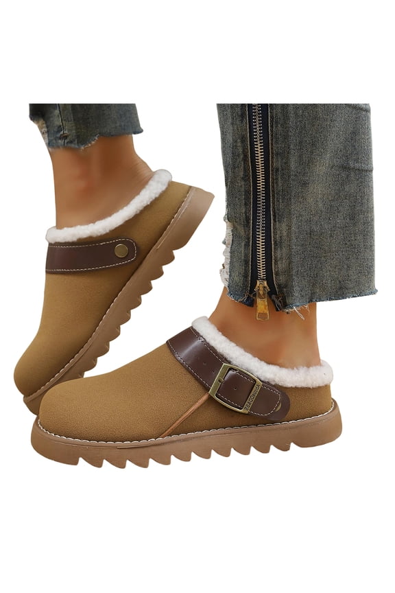 Womens Clogs Winter Boots Cold Weather Warm Fleece Lined Backless Wide Width Fuzzy Plush Mules Slippers Snow Ankle Booties Potato Flat for Indoor And Outdoor Khaki Size 7.5