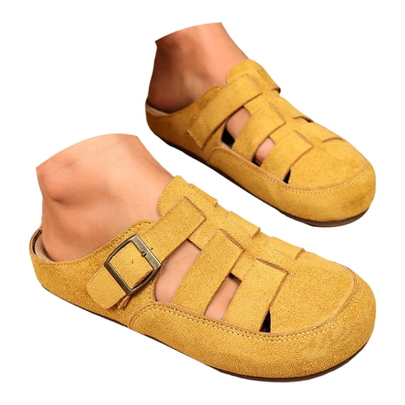 Rokment Womens Closed Toe Gladiator Clogs Suede Buckles Comfortable Backless Slip on Walking Flat Sandals for Boho Beach Summer 2026 Yellow Size 6