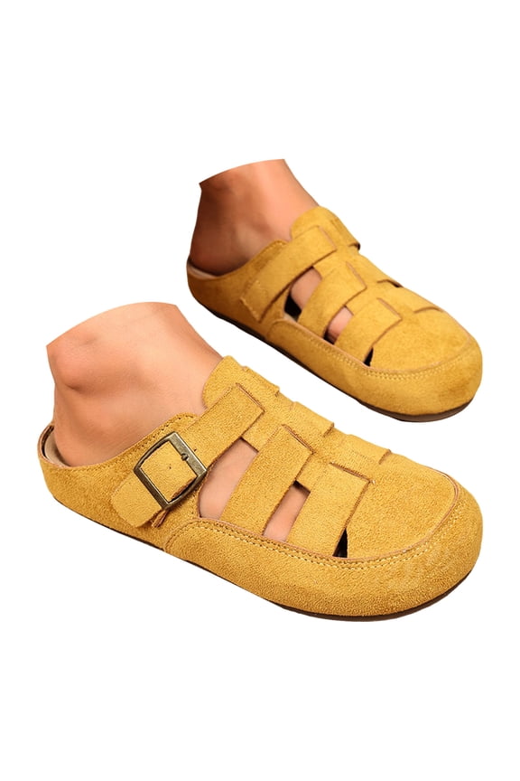 Womens Closed Toe Gladiator Clogs Suede Buckles Comfortable Backless Slip on Walking Flat Sandals for Boho Beach Summer 2026 Yellow Size 8