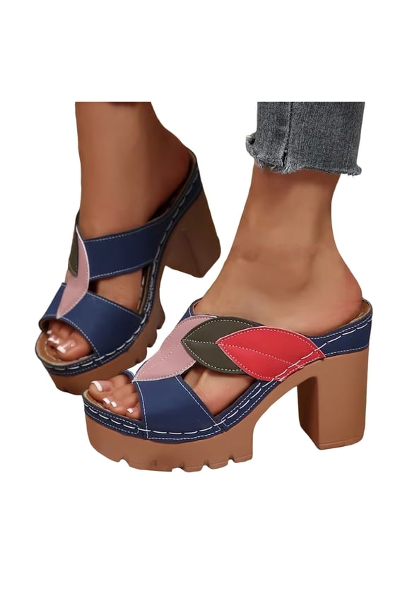 Womens Color Block Leaves High Heels Dress Sandals Beach Boho Trendy Leather Platform Chunky Heeled Slip on Comfortable Casual Backless Dressy Slides Summer Shoes Blue Size 7.5
