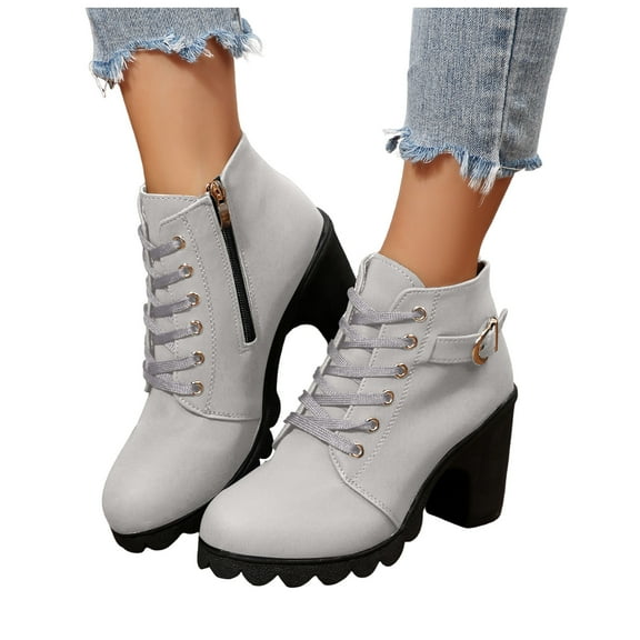 Rokment Womens Combat Dress Boots with Side Zipper Vintage Casual Lace up Chunky Block High Heel Ankle Booties Winter Fall Shoes Grey Size 8