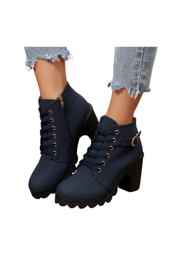 Womens Combat Dress Boots with Side Zipper Vintage Casual Lace up Chunky Block High Heel Ankle Booties Winter Fall Shoes Blue Size 6.5