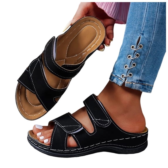 Rokment Womens Comfortable Ortho Wedge Walking Sandals with Arch Support & Adjustable Bands Beach Casual Leather Platform Slip on Mid Heels Backless Slides Summer Black Size 6.5