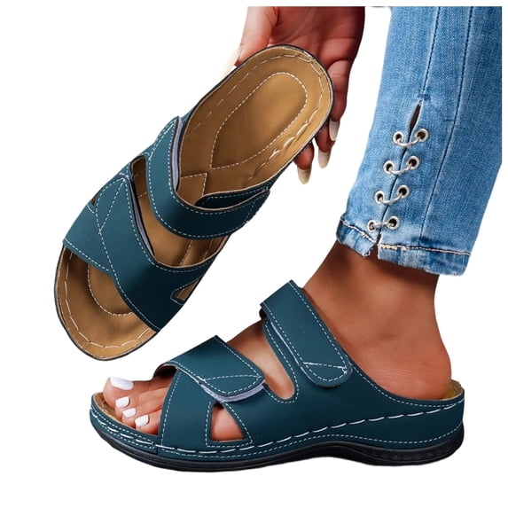 Rokment Womens Comfortable Ortho Wedge Walking Sandals with Arch Support & Adjustable Bands Beach Casual Leather Platform Slip on Mid Heels Backless Slides Summer Blue Size 8