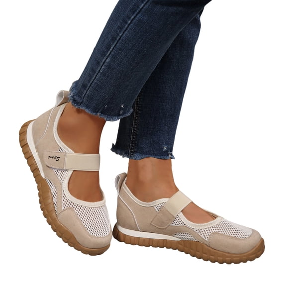Rokment Womens Comfortable Vintage Mary Jane Running Walking Shoes Breathable Suede Mesh Patchwork Tennis Fashion Sneakers Orthopedic Non Slip Sandals Summer Fall Beige Size 5.5