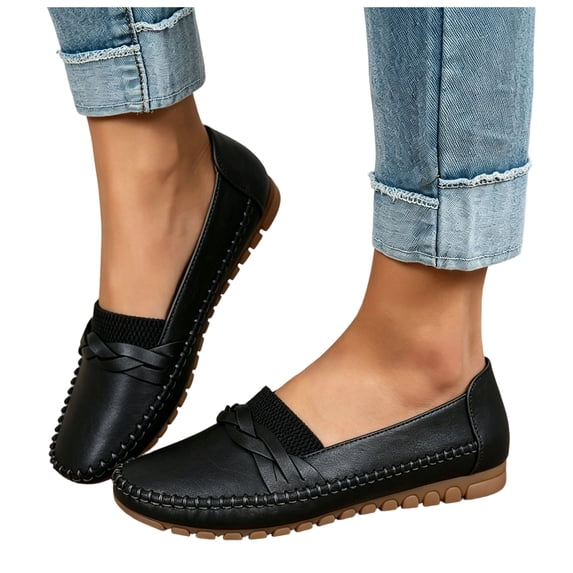 Rokment Womens Comfortable Walking Flat Slip on Loafers Soft Braided Leather Non Slip Rubber Sole Wedge Low Heel Work Boat Shoes for Fall Casual Dressy Black Size 9