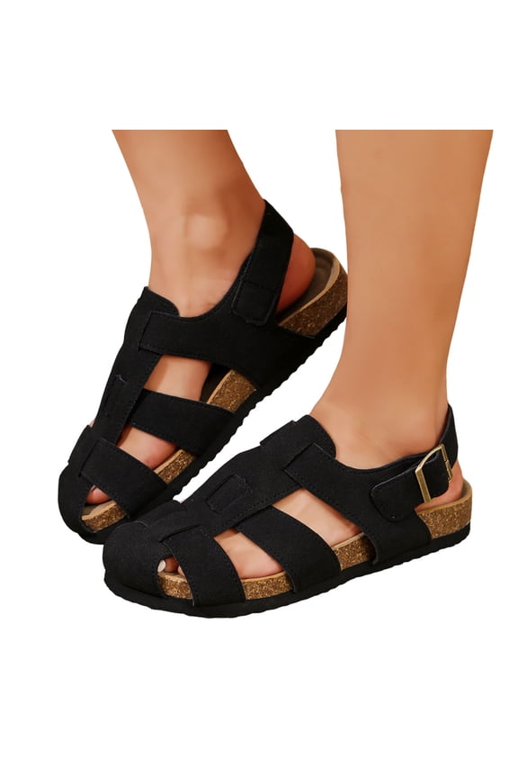 Womens Cork Footbed Fisherman Flat Sandals Trendy Casual Suede Hollow out Closed Toe Comfortable Gladiator Walking Beach Summer Shoes Black Size 9.5