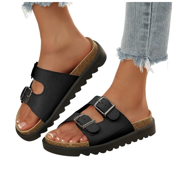 Rokment Womens Cork Footbed Slippers Sandals Beach Summer Comfortable Casual 2 Buckles Leather Wide Width Orthopedic Platform Walking Slip on Slides Black Size 6.5