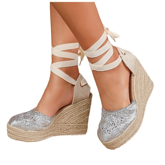 Rokment Womens Crochet Espadrilles Wedge Sandals 2026 Boho Beach Closed Toe Platform Chunky Heeled Strappy Dressy Shoes for Summer Fall Silver Size 7