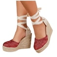 thumbnail image 1 of Rokment Womens Crochet Espadrilles Wedge Sandals 2026 Boho Beach Closed Toe Platform Chunky Heeled Strappy Dressy Shoes for Summer Fall Wine Size 8.5, 1 of 6