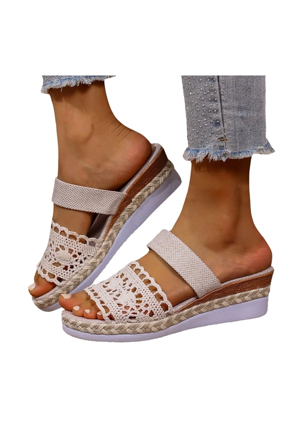 Womens Crochet Platform Wedges Dress Sandals 2026 Boho Beach Summer White Espadrilles Chunky Heeled Bridal Slip on Slides Beige Size 6.5