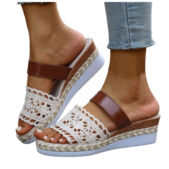 Rokment Womens Crochet Platform Wedges Dress Sandals 2026 Boho Beach Summer White Espadrilles Chunky Heeled Bridal Slip on Slides Brown Size 9