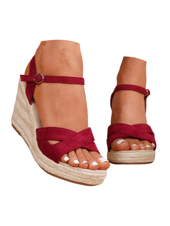 Womens Cross-Band Platform Wedge Dressy Sandals 2026 Fashion Casual Suede Open Toe Ankle Strap Espadrilles Chunky Heeled Dress Shoes Summer Red Size 7