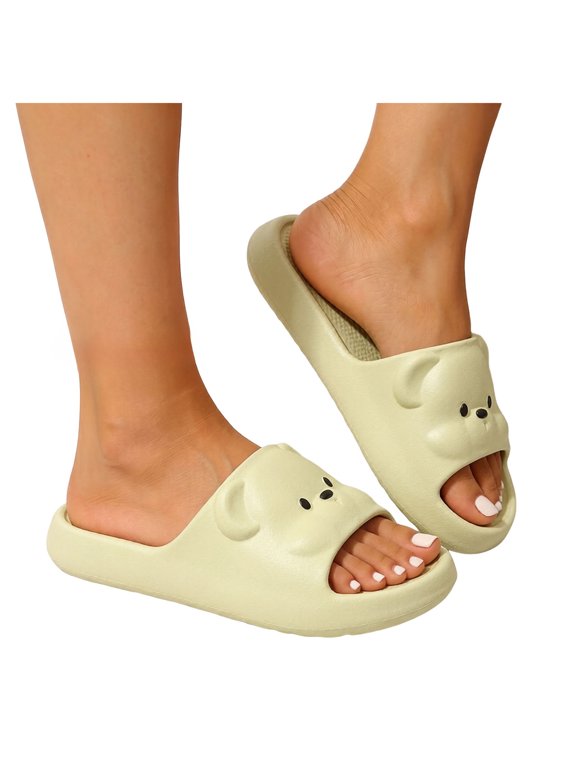 Womens Cute Bear Head House Slippers Cloud Slides Comfortable Quick-Dry Pillow Thick Sole Bedroom Home Shoes Indoor Outdoor Beach Pool Water Sandals