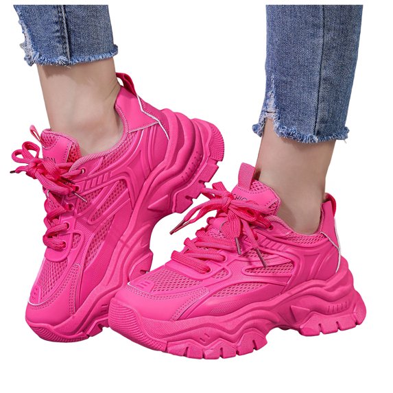 Rokment Womens Dad Fashion Sneakers Platform Chunky Walking Running Shoes 2026 Spring Fall Breathable Mesh Height Increasing Casual Tennis Shoes Hot Pink Size 8