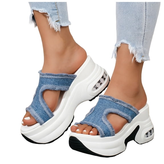 Rokment Womens Denim Buckles Chunky High Heels Slip on Sandals 2026 Summer Fashion Casual Canvas Platform Wedge Heeled Walking Slides Shoes White Size 7.5