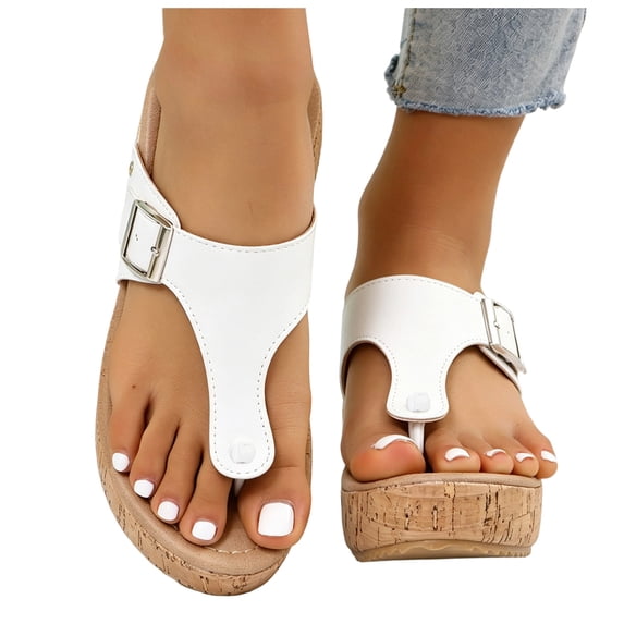 Rokment Womens Denim Cork Footbed Platform Flip Flops Trendy Casual Leather Buckles Wedge Slip on Thong Dress Backless Sandals Comfortable Walking Slippers White Size 9