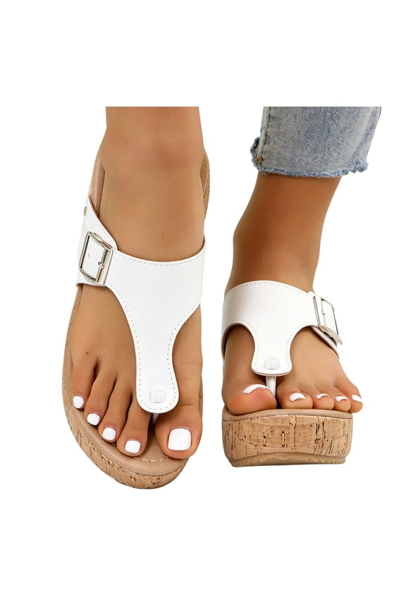 Womens Denim Cork Footbed Platform Flip Flops Trendy Casual Leather Buckles Wedge Slip on Thong Dress Backless Sandals Comfortable Walking Slippers White Size 6.5