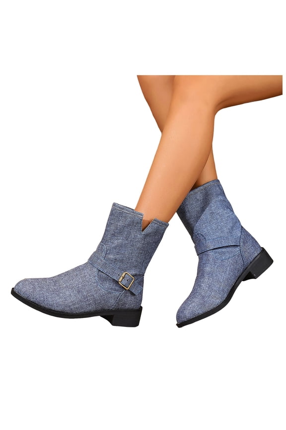 Womens Denim Mid Calf Boots 2025 Fall Winter Buckles Fashion Casual Wide Calf Short Booties
