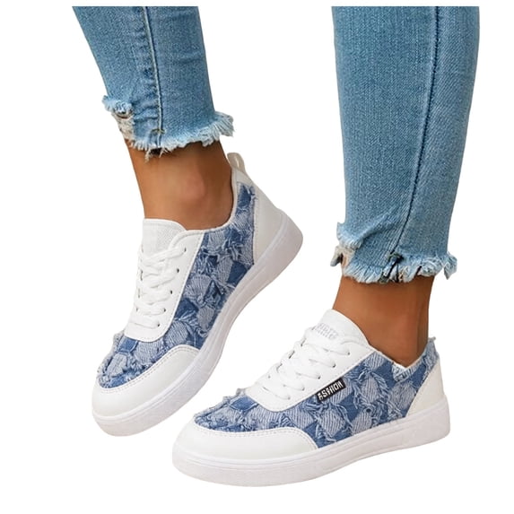 Rokment Womens Distressed Checkered Denim Platform Fashion Sneakers Casual Canvas Lace up Low Top Walking Flat Tennis Skate Shoes Spring Fall