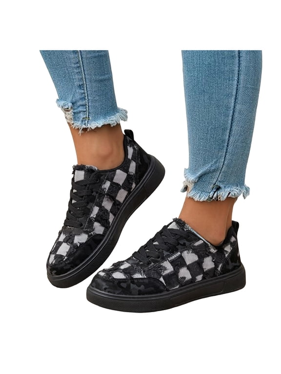 Womens Distressed Checkered Denim Platform Fashion Sneakers Casual Canvas Lace up Low Top Walking Flat Tennis Skate Shoes Spring Fall