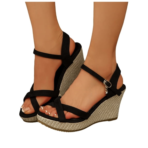 Rokment Womens Espadrilles Platform High Heels Dressy Sandals 2026 Fashion Casual Glitter Rhinestones Open Toe Ankle Strap Chunky Heels Dress Summer Shoes for Bride Wedding Black Size 6