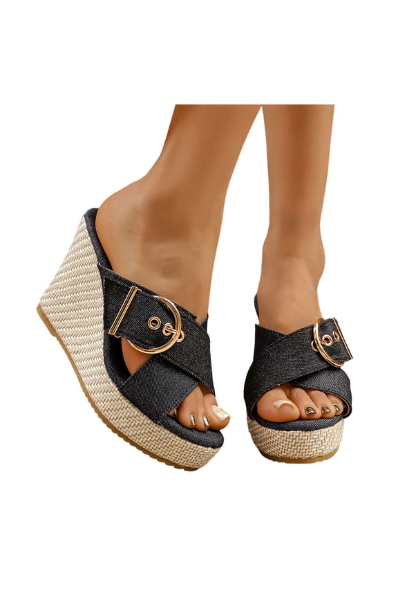Womens Espadrilles Platform Wedge Sandals Trendy Casual Denim Leopard Buckles Open Toe Chunky High Heels Slip on Summer Dress Slides 2026 Black Size 10.5